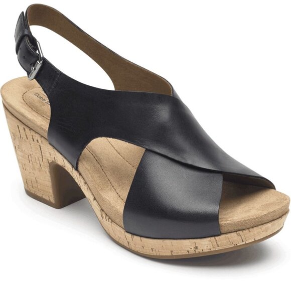 Rockport / Cobb Hill Alleah Sling Black Leather Cork Sandals - Size 9.5 - Picture 1 of 1